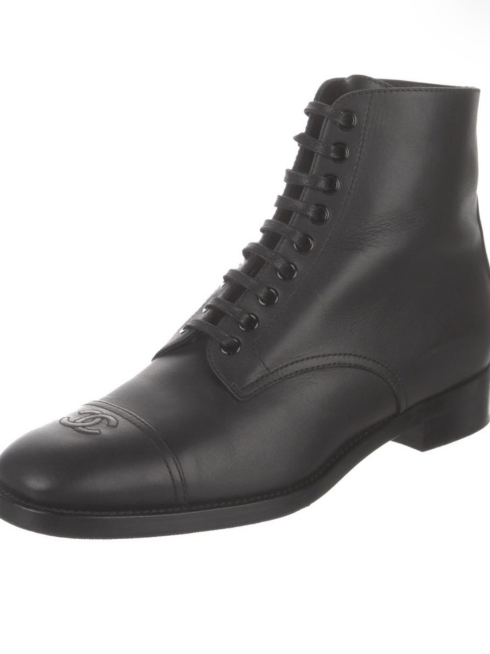 CHANEL Black Leather Lace-Up Ankle Boots with CC Cap Toe